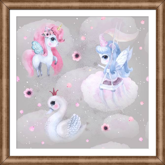 Картины в рамке, багете Unicorn, fairy and Swan