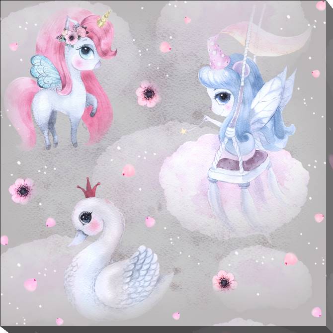 Купить и печать на заказ Картины на холсте Единорог, фея и лебедь