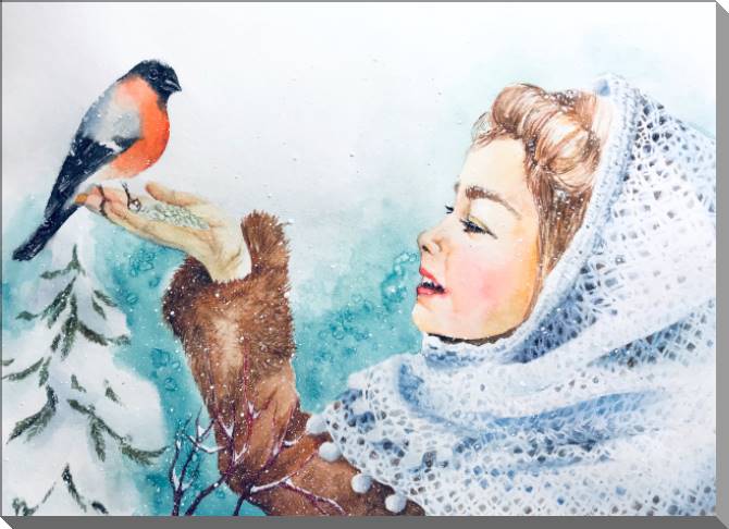 Купить и печать на заказ Картины на пластике, пеноркартоне Девочка и снегирь