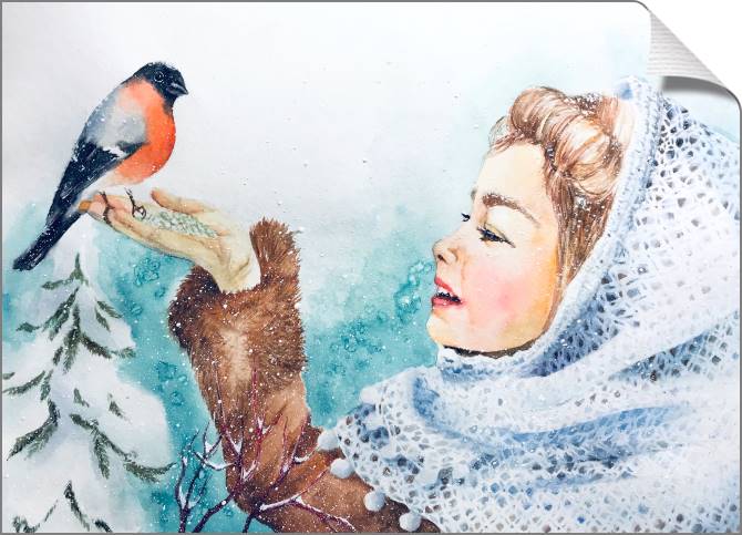 Купить и печать на заказ Картины на холсте Девочка и снегирь