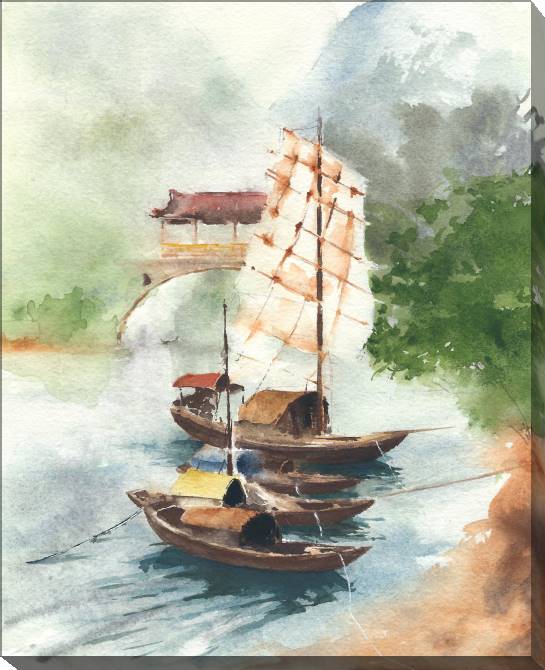 Картины на холсте Boat on the river, Chinese landscape