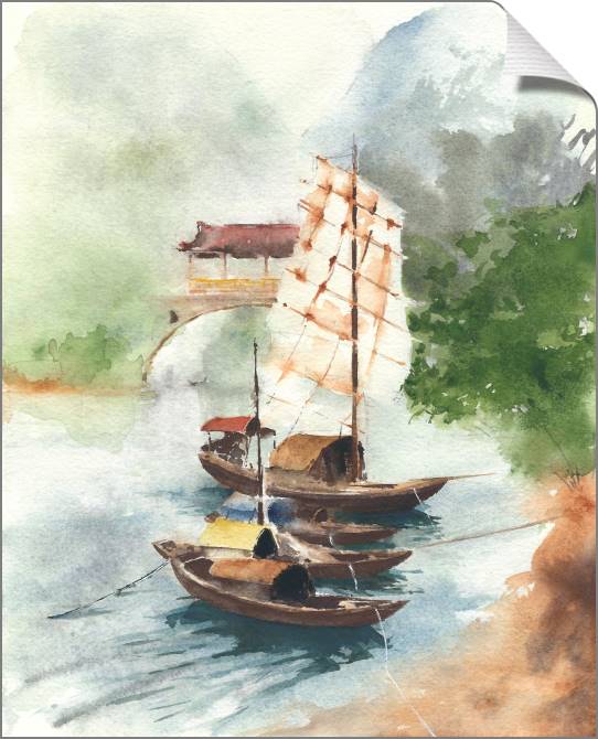 Купить и печать на заказ Картины на холсте Лодка на реке китайский пейзаж