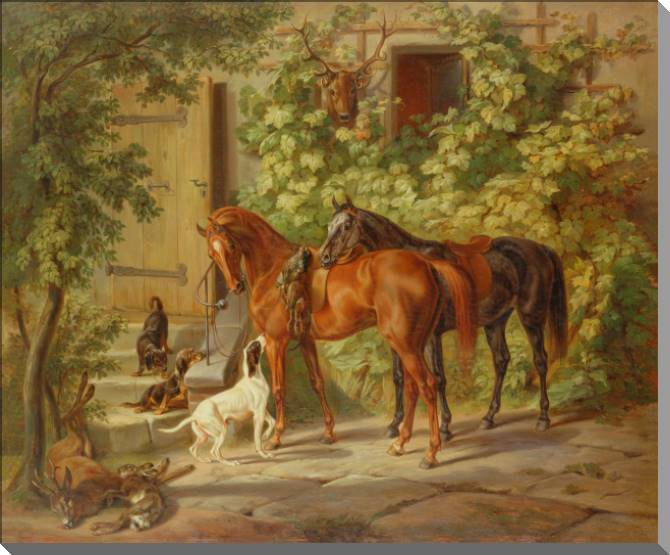 Купить и печать на заказ Картины на пластике, пеноркартоне Лошади у крыльца 