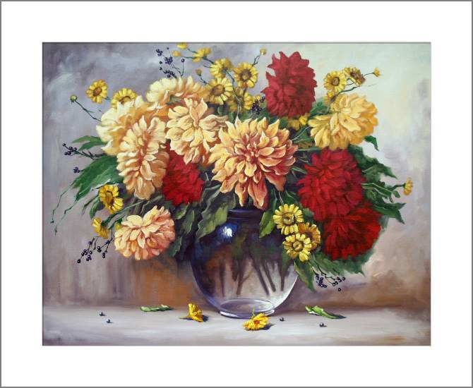 Paintings, photos from Passepartout Still life with flowers in a transparent vase