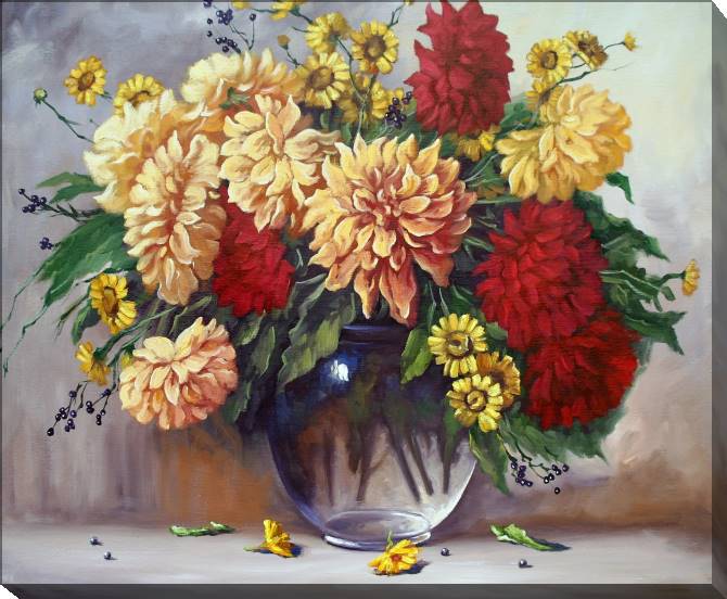 Купить и печать на заказ Картины на холсте Натюрморт с цветами в прозрачной вазе