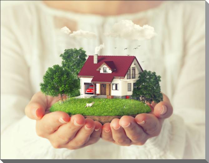 Купить и печать на заказ Картины на пластике, пеноркартоне Островок с домом в руках