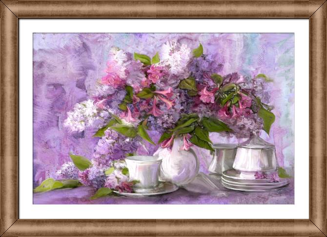 Картины в рамке, багете Tea set and lilac