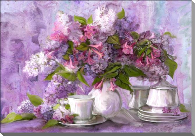 Купить и печать на заказ Картины на пластике, пеноркартоне Чайный сервиз и сирень