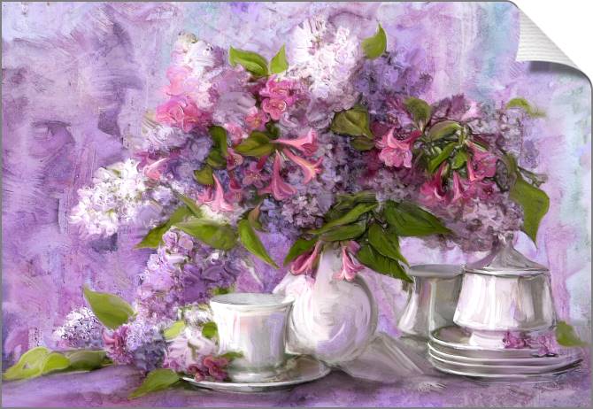Купить и печать на заказ Картины на холсте Чайный сервиз и сирень