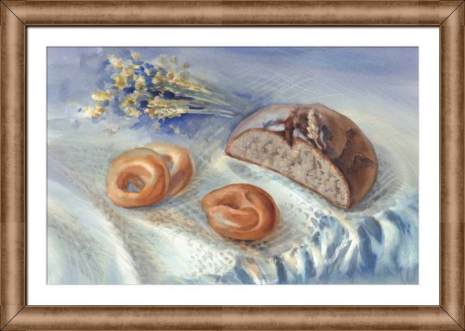 Купить и печать на заказ Репродукции картин Акварельный натюрморт с хлебом