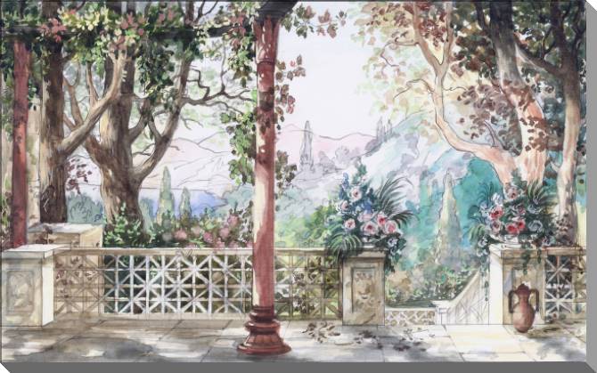 Купить и печать на заказ Картины на пластике, пеноркартоне Эскиз с пейзажем и цветами