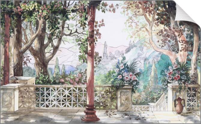 Купить и печать на заказ Картины на холсте Эскиз с пейзажем и цветами