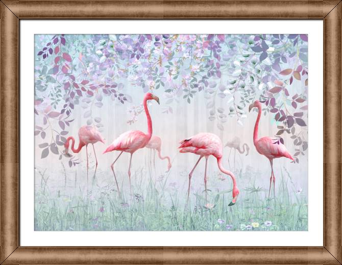 Картины в рамке, багете A magical landscape with flamingos