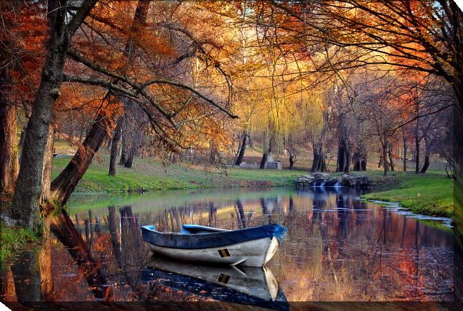 Paintings on canvas Boat on lake in autumn forest