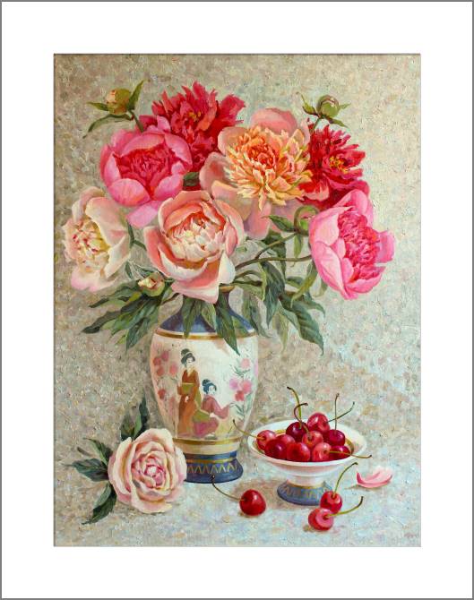 Купить и печать на заказ Картины, фото с паспарту Букет с вишнями