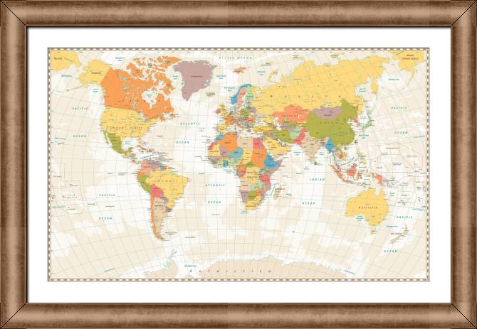 Картины в рамке, багете Political map of the world in English on beige