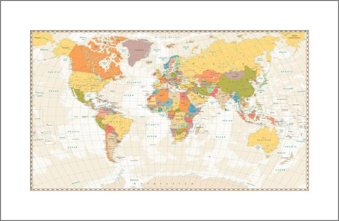 Купить и печать на заказ Картины, фото с паспарту Политическая карта мира на английском на бежевом