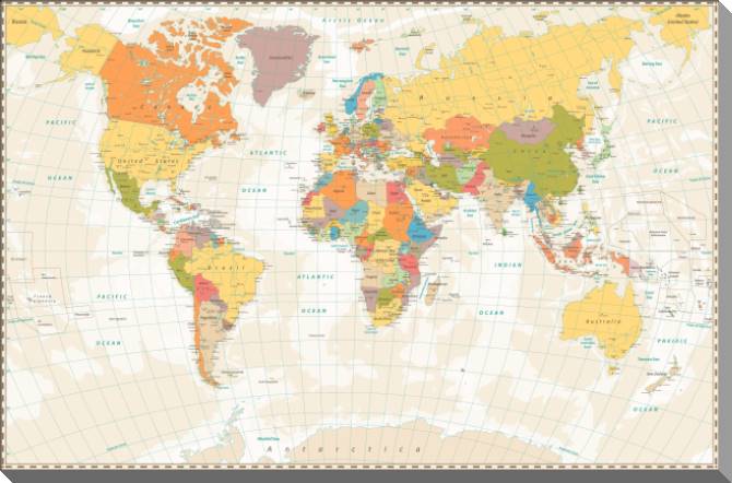 Купить и печать на заказ Картины на пластике, пеноркартоне Политическая карта мира на английском на бежевом