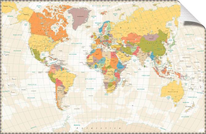 Купить и печать на заказ Картины на холсте Политическая карта мира на английском на бежевом