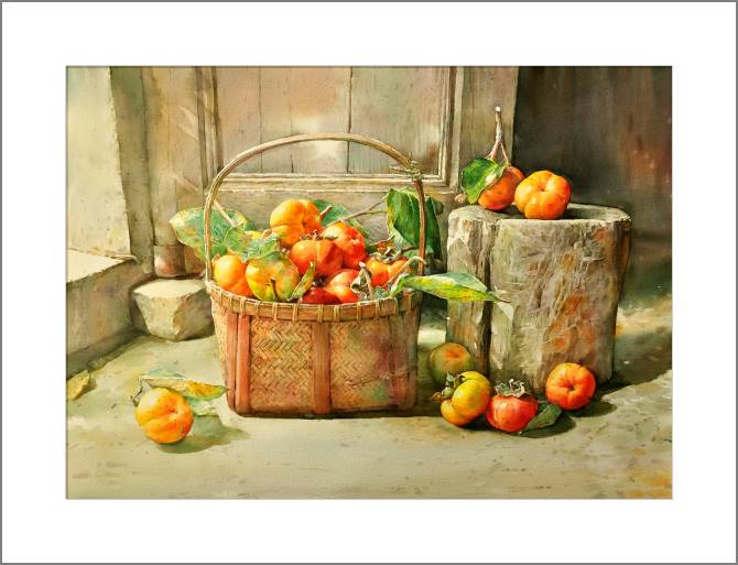 Купить и печать на заказ Картины, фото с паспарту Хурма в корзине