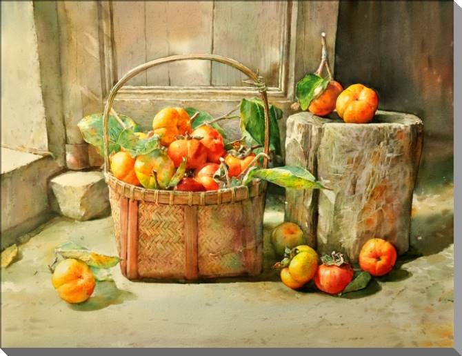 Купить и печать на заказ Картины на пластике, пеноркартоне Хурма в корзине