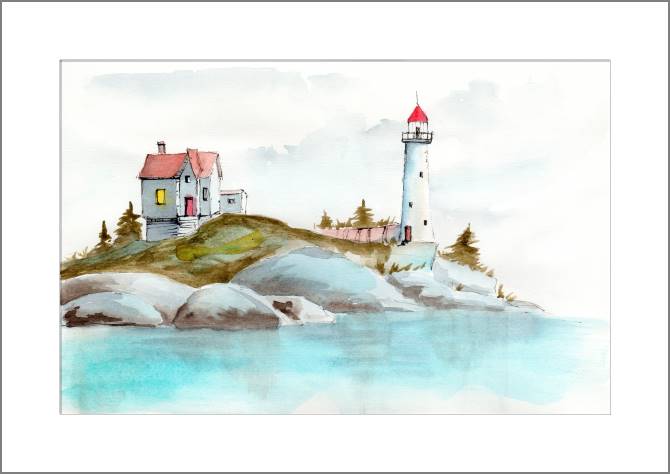 Купить и печать на заказ Картины, фото с паспарту Маяк и домик на берегу