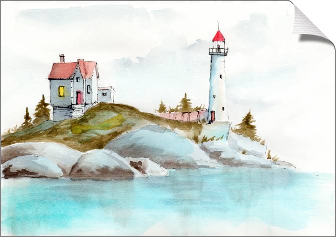 Купить и печать на заказ Картины на холсте Маяк и домик на берегу