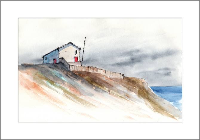 Купить и печать на заказ Картины, фото с паспарту Дом на берегу моря акварельная иллюстрация
