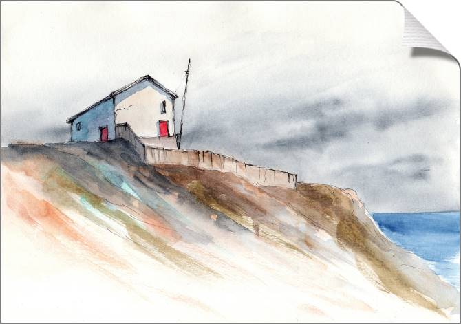 Купить и печать на заказ Картины на холсте Дом на берегу моря акварельная иллюстрация