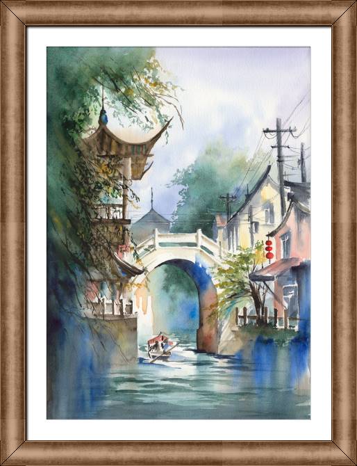 Paintings on canvas Chinese urban landscape with river