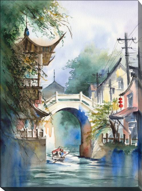 Купить и печать на заказ Картины Китайский городской пейзаж с рекой