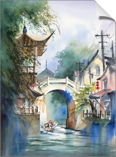 Купить и печать на заказ Картины на холсте Китайский городской пейзаж с рекой