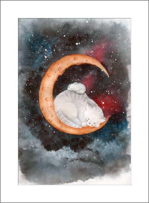 Купить и печать на заказ Картины, фото с паспарту Арт спящие котенок и кролик