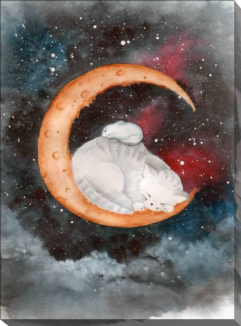 Купить и печать на заказ Картины на холсте Арт спящие котенок и кролик