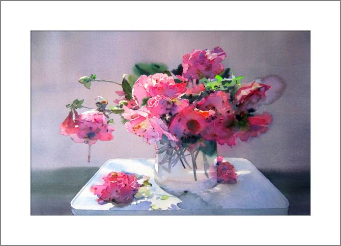 Купить и печать на заказ Картины, фото с паспарту Акварельный букет в розовых тонах