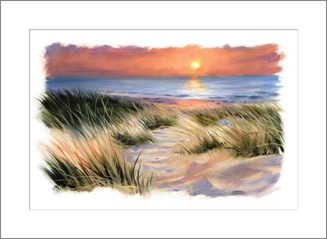 Купить и печать на заказ Картины, фото с паспарту Дюны на пляже на закате