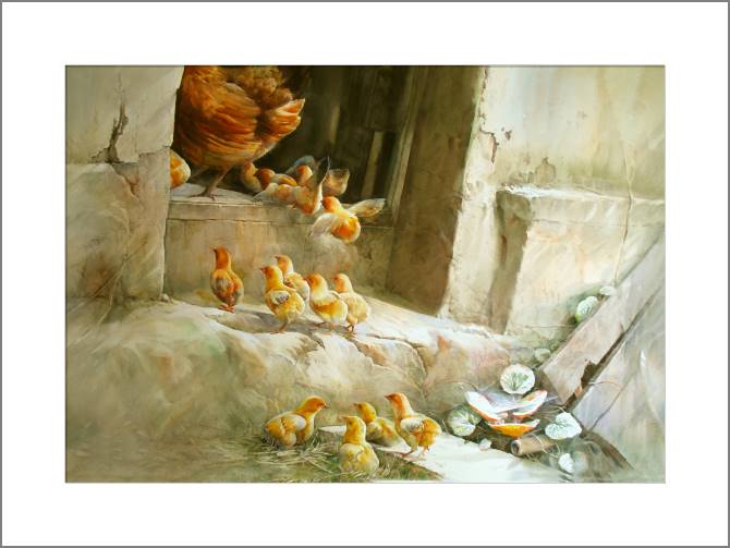 Купить и печать на заказ Картины Акварельная живопись цыплята с курицей