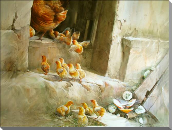 Купить и печать на заказ Картины Акварельная живопись цыплята с курицей