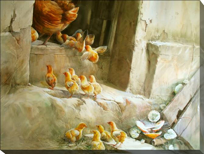 Купить и печать на заказ Картины на холсте Акварельная живопись цыплята с курицей