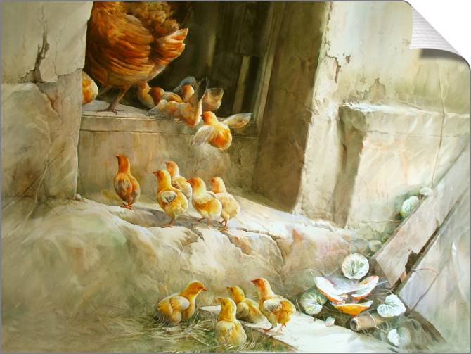 Купить и печать на заказ Картины на холсте Акварельная живопись цыплята с курицей