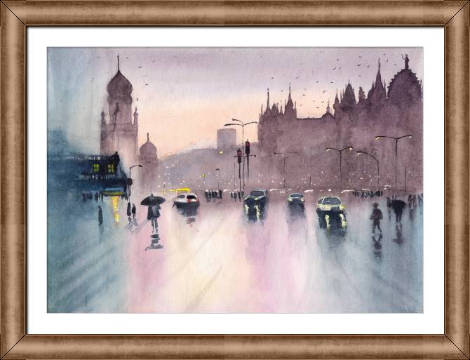 Картины в рамке, багете Rainy landscape of Mumbai with cars and pedestrians