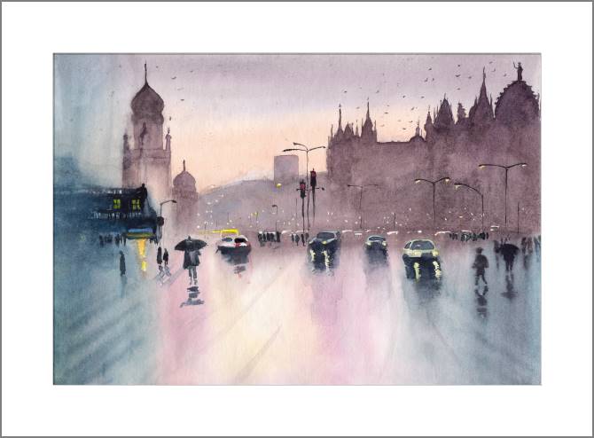 Купить и печать на заказ Картины, фото с паспарту Дождливый пейзаж Мумбаи с автомобилями и пешеходами