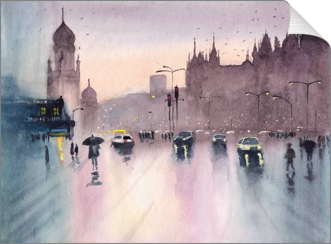 Купить и печать на заказ Картины на холсте Дождливый пейзаж Мумбаи с автомобилями и пешеходами