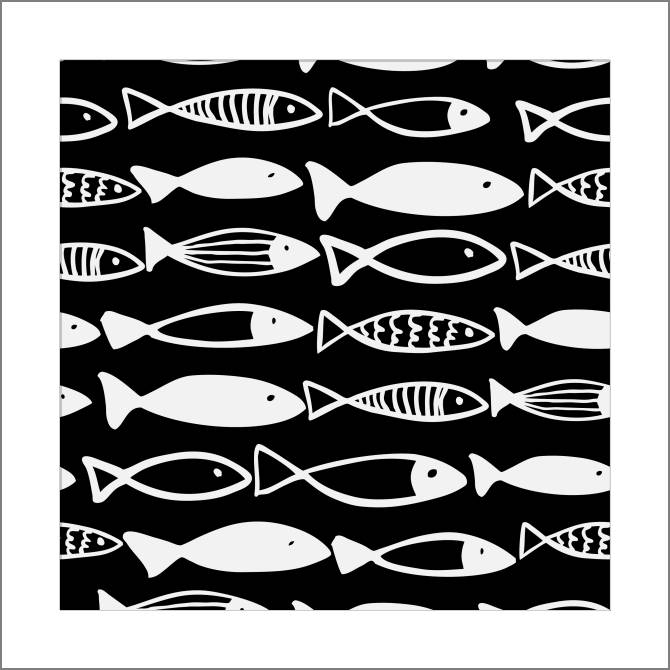 Купить и печать на заказ Картины, фото с паспарту Черно-белый узор из рыбок