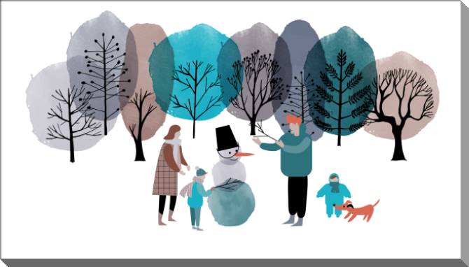 Купить и печать на заказ Картины на пластике, пеноркартоне Иллюстрация семья лепит снеговика