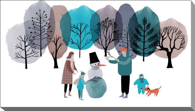 Купить и печать на заказ Картины на холсте Иллюстрация семья лепит снеговика