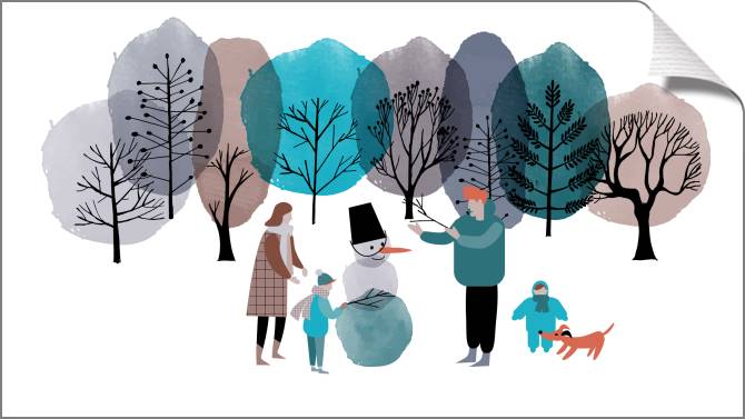 Купить и печать на заказ Картины Иллюстрация семья лепит снеговика