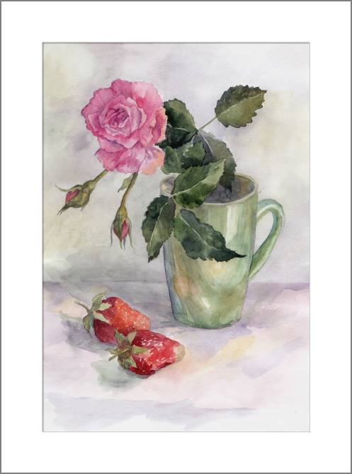 Картины, фото с паспарту Watercolor still life with roses and strawberries