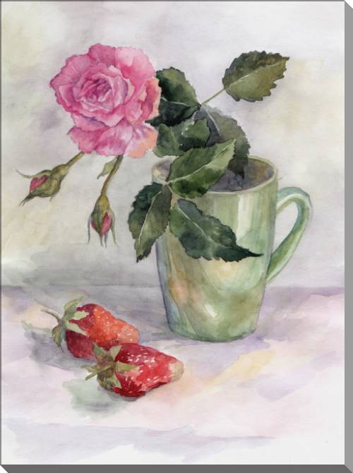 Купить и печать на заказ Картины на пластике, пеноркартоне Акварельный натюрморт с розой и клубникой