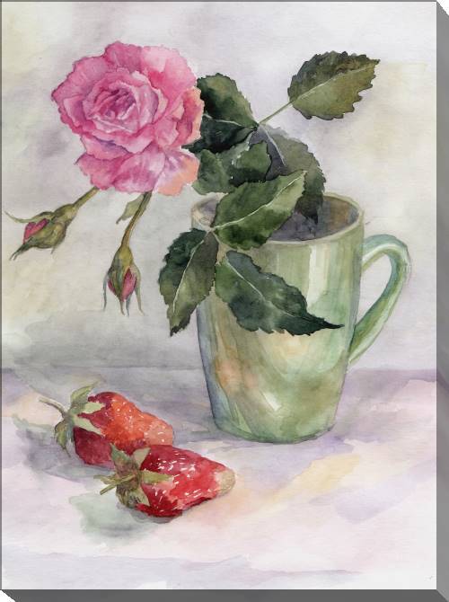 Картины на холсте Watercolor still life with roses and strawberries